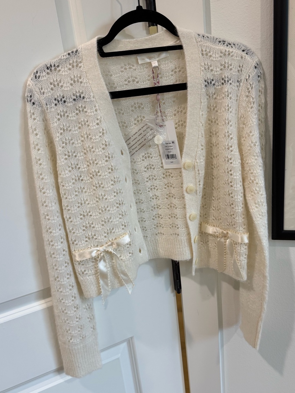 LoveShackFancy Cream Lace Knit Cardigan with Ribbon Bows
